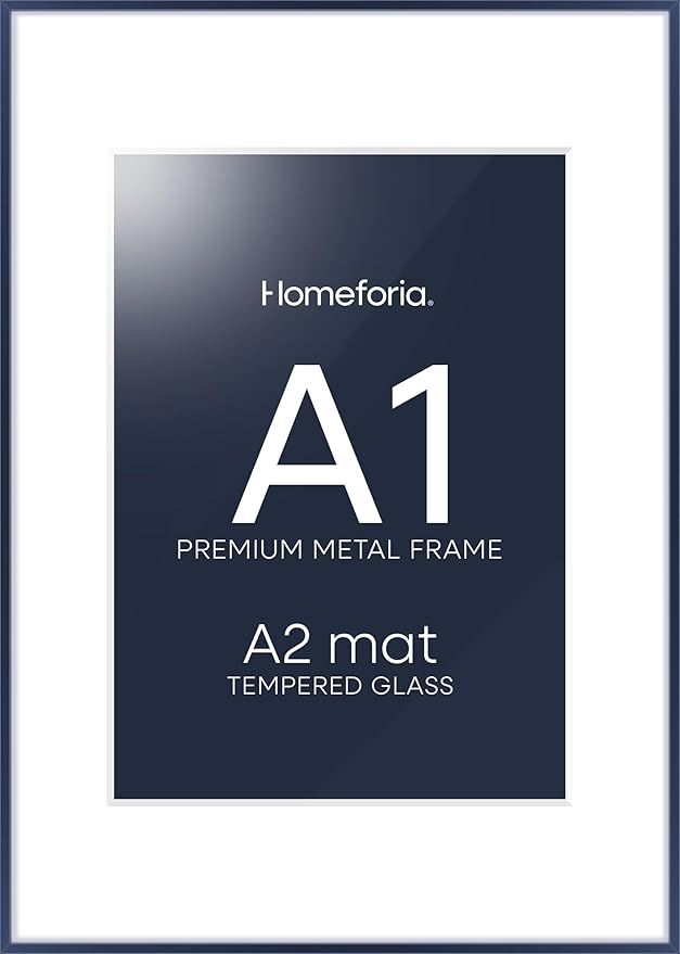 Homeforia A1 Poster Frame Navy Blue, High End Metal A1 Large Picture Frames with Mat A2 Photo, 23.4 x 33.1 Frames Matted to 16.5 x 23.4 Print, 23.4x33.1 Thin Frames, Tempered Glass, Wall Kit, Set of 1