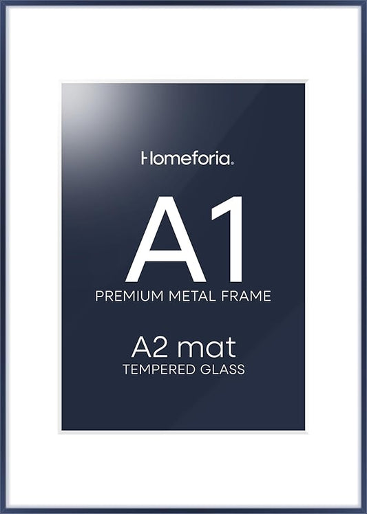 Homeforia A1 Poster Frame Navy Blue, High End Metal A1 Large Picture Frames with Mat A2 Photo, 23.4 x 33.1 Frames Matted to 16.5 x 23.4 Print, 23.4x33.1 Thin Frames, Tempered Glass, Wall Kit, Set of 1