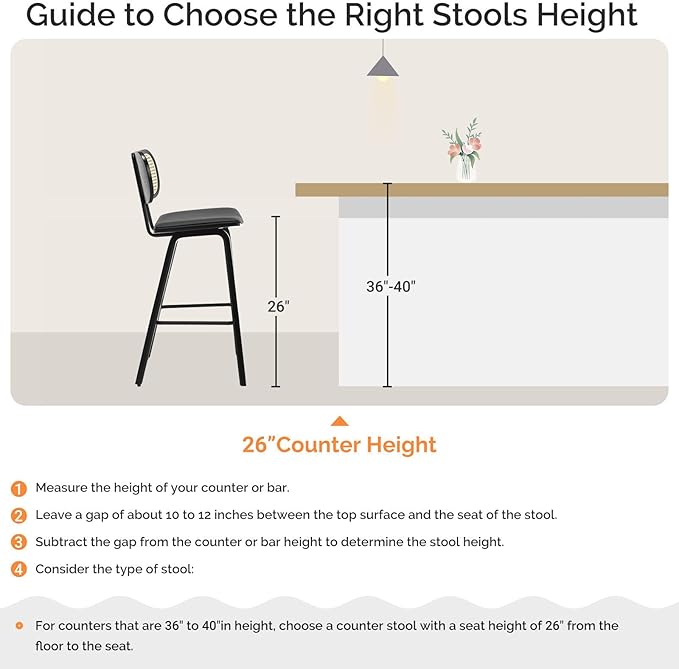 Counter Height Bar Stools, 26" PU Leather Upholstered Rattan Barstools, Mid Century Modern Bar Chairs with Black Wood Legs, Armless Walnut Kitchen Island Dining Bar Chair, Black