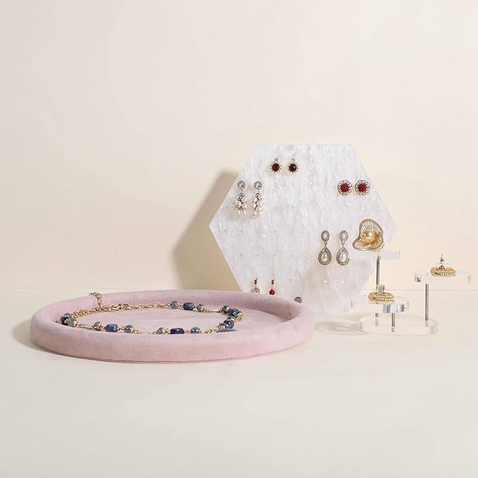 GemeShou Round Jewelry Organizer plate, Top Microfiber velvet Jewerly display tray, Empty Jewelry showcase tray for Necklace Bracelet Ring Earring display stand holder (Pink-Large, 9.8 x 9.8 in)