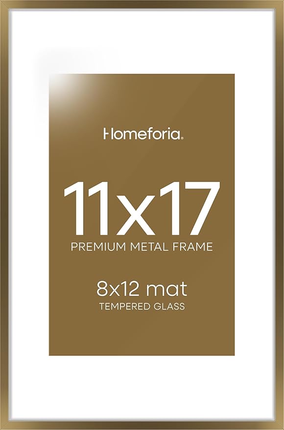 Homeforia 11x17 Bronze Picture Frame, High End Metal 11x17 Brass Poster Frames with Mat 8x12 for Photo, 11 x 17 Frame Matted to 8 by 12 inch Print, 17x11 Thin Frame, Tempered Glass, Wall Kit, Set of 1