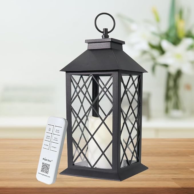 Bright Zeal 13.5" Decorative Candle Lantern with Timer Candles - IP44 Waterproof Vintage Lanterns Battery Powered LED Decorative for Wedding - Warm White Hanging Wall Lanterns