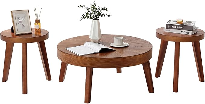 Farmhouse Round Coffee Table Set of 3, Boho Sofa Side Nesting Tables End Table Set with Wood Natural Finish for Living Room, Bedroom, Home Office,Brown
