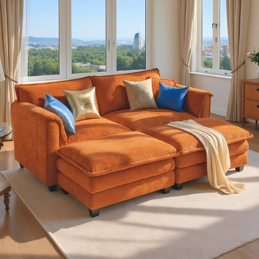 SweetGO corporation 42" Plush Single Sofa Accent Chair with Ottoman for Living Room/Bedroom, Set of 2 Modern Couch for Cozy Lounge Chair for Reading, Orange