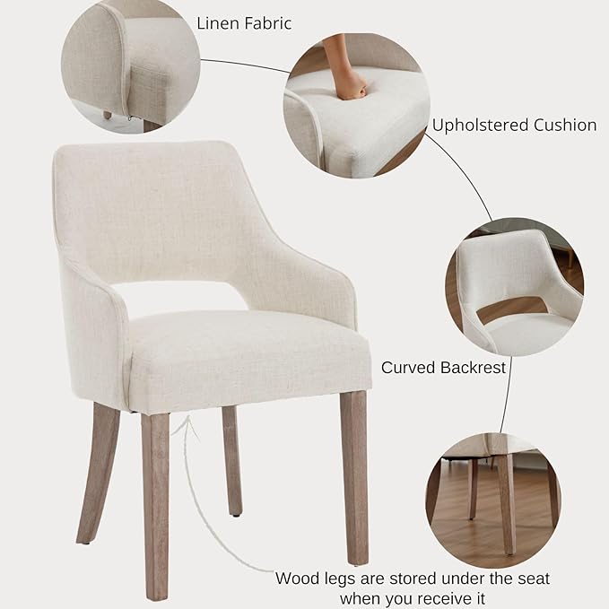 Linen Dining Chairs Set of 4 Upholstered Accent Chairs Side Chair with Wood Legs for Living Room/Dining Room/Bedroom/Restaurant, Upgraded Size, Cream
