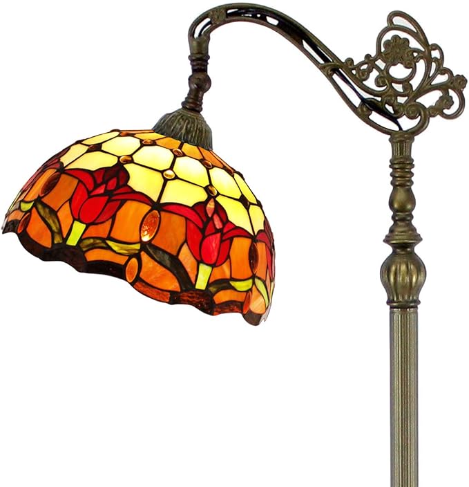 WERFACTORY Tiffany Floor Lamp Red Tulip Flower Stained Glass Arched Lamp 12X18X64 Inches Gooseneck Adjustable Corner Standing Reading Light Decor Bedroom Living Room S030 Series (A)