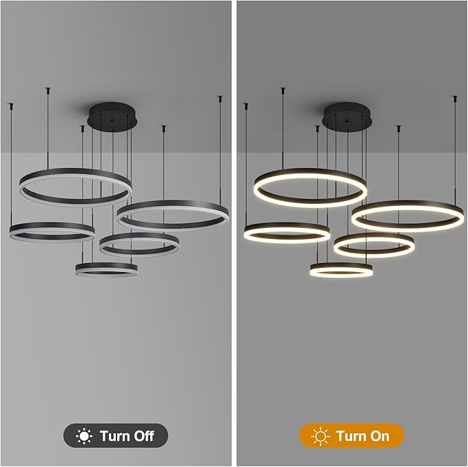 Modern Black Ring Chandelier LED Circle Geometric Pendant Light Dimmable 5 Rings Ceiling Light Fixtures High Ceiling Foyer Chandelier for Living Room Dining Room Bedroom