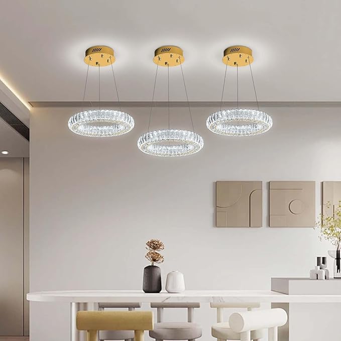 Modern LED Gold Ring Pendant Light 7.8" Dimmable Crystal Chandelier Adjustable Round Crystal Chandelier Light Fixtures for Dining Room Living Room