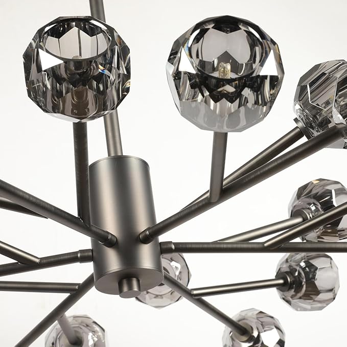 Modern Crystal Chandelier, 35.4" Black Sputnik Chandelier for Dining Room, 18 Lights Smoke Crystal Ceiling Lighting Fixture for Living Room Bedroom