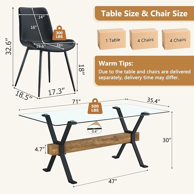9 Piece Glass Dining Table Set, Kitchen Table Chairs Set for 8, 71'' Dining Table with 0.4" Tempered Glass Tabletop with Plated Metal Legs and MDF Crossbar, 8 PU Chairs for Dining Room, Kitchen.