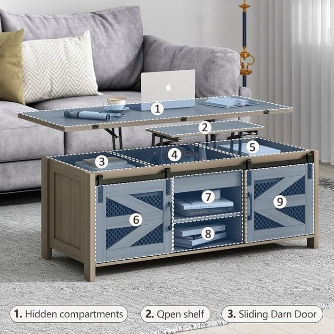 47.2" Lift Top Coffee Table, 4 in 1 Farmhouse Coffee Table with Storage and Sliding Barn Doors, Coffee Tables for Living Room, Dining Room (Grey)