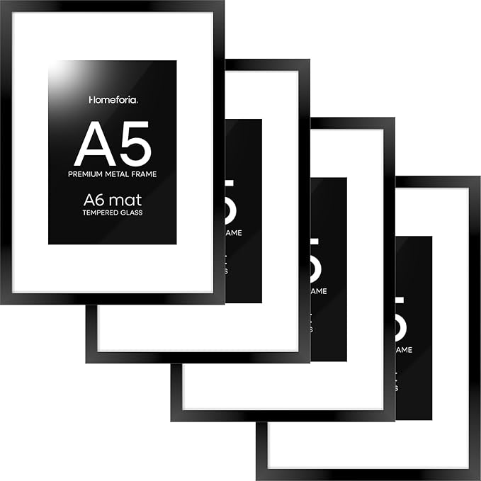 Homeforia A5 Picture Frame Black, High End Metal 5.8x8.3 Frames Matted to 4.1x5.8 Print, A5 Photo Frame with Mat A6, 5.8 x 8.3 Poster Frame, 8.3x5.8 Display Frames, Tempered Glass, Wall Kit, Set of 4