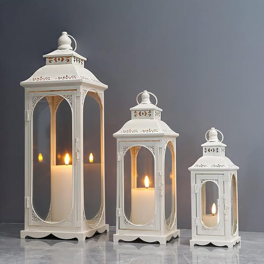 TRIROCKS Set of 3 Vintage Candle Lanterns 10/14/19.5'' High Decorative Outdoor Lantern Metal Candle Holder with Tempered Glass for Home Living Room Garden Yard Parties Events Indoors Outdoors (White)