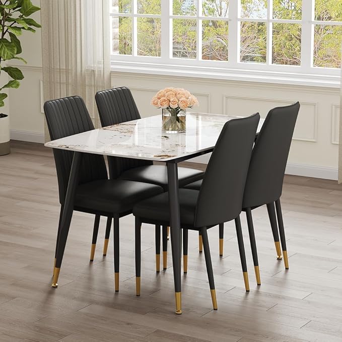 5 Pieces Modern Sintered Stone Dining Table Set 50" Rectangular Faux Marble Tabletop Kitchen Table with 4 PU Leather Chair Dinner Table Set(1Faux Marble Table+4Black Chairs)