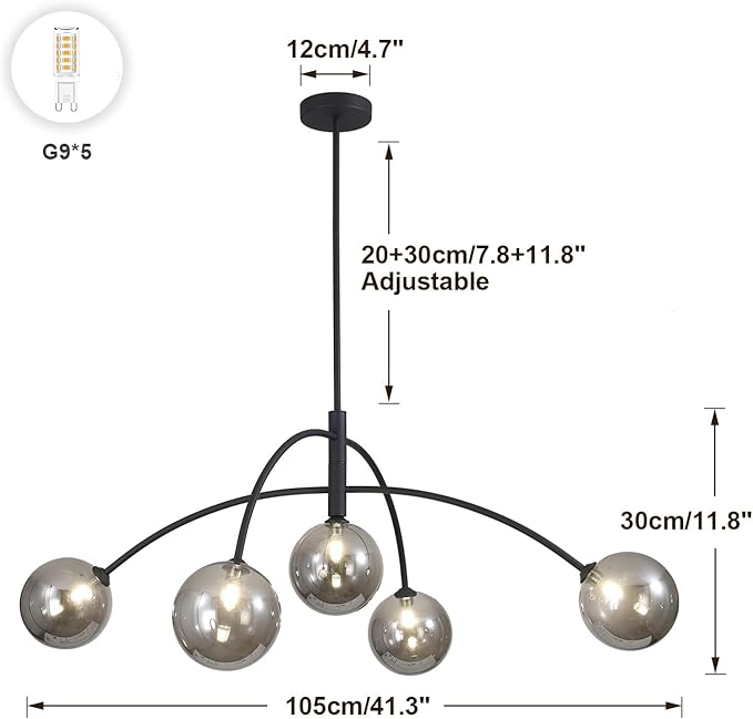 Mid Century Modern Chandelier Black 5 Light Industrial Pendant Light Fixture Vintage Smoke Gray Globe Glass Sputnik Chandeliers for Bedroom Kitchen Living Room Hallway