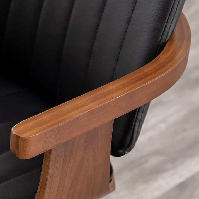 Swivel Dining Chairs, Set of 2 Kitchen Swivel Chairs with Walnut Craftsmanship, Upholstered Faux Leather, Wooden Arms and Legs, Walnut Dining Chairs for Kitchen/Living Room (Black, Swiv)