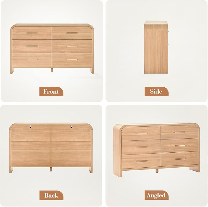 Curved Dresser for Bedroom, Modern Chest of Drawers, Vanity Desk TV Stand for Living Room, Closet Storage Drawers Farmhouse Coffee Table Bedside Table End Table (Oak, 6 Drawers)