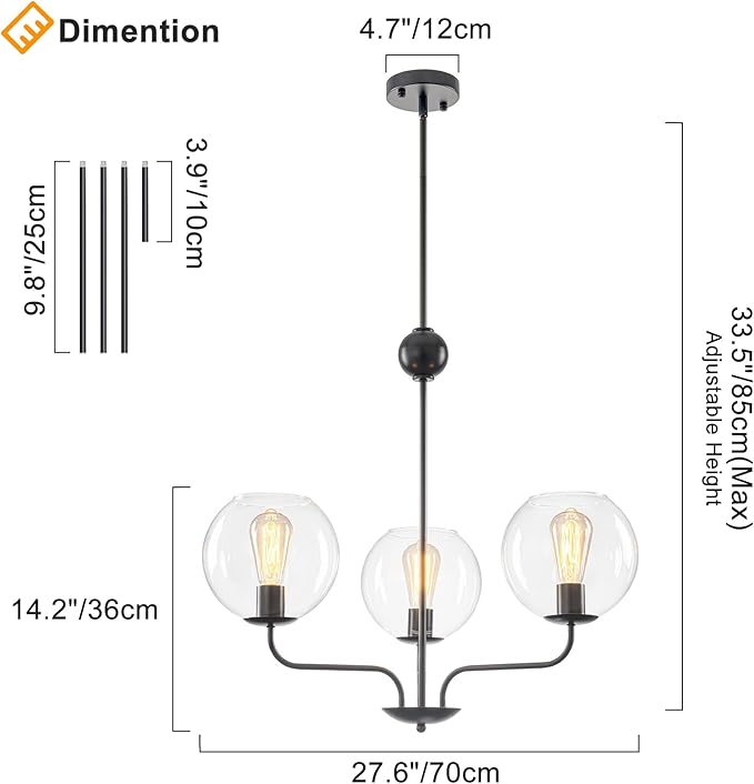 3-Light Modern Globe Cluster Pendant Lighting Chandelier with Clear Glass Spheres and Black Metal Frame