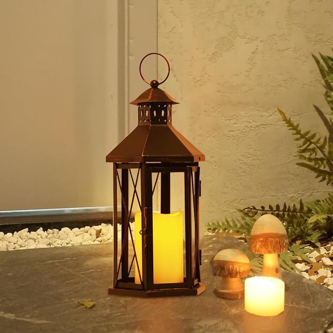 DECORKEY LED Lantern Decorative Indoor & Outdoor, 14" Vintage Hanging Lantern Holder for Porch with LED Candle Large Metal Outdoor Lantern for Patio, Front Porch, Christmas, Spring