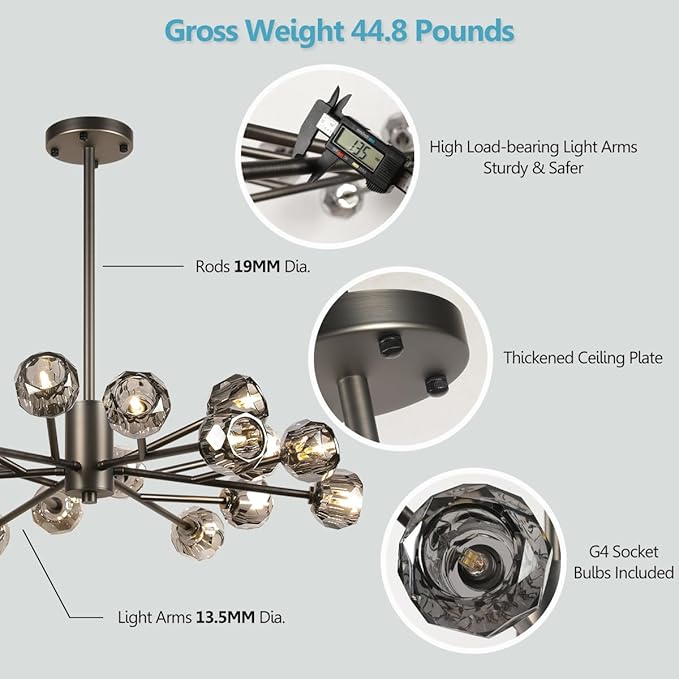 Modern Crystal Chandelier, 35.4" Black Sputnik Chandelier for Dining Room, 18 Lights Smoke Crystal Ceiling Lighting Fixture for Living Room Bedroom