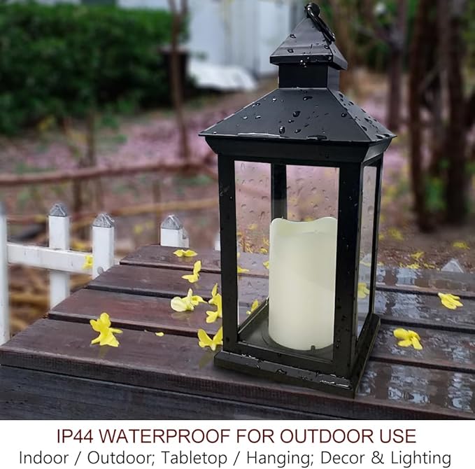 Bright Zeal 14" Decorative Candle Lantern Black Outdoor Lanterns Timer Candles - IP44 Waterproof Vintage Lanterns Battery Powered LED Decorative for Wedding - Warm White Hanging Wall Lanterns Indoor