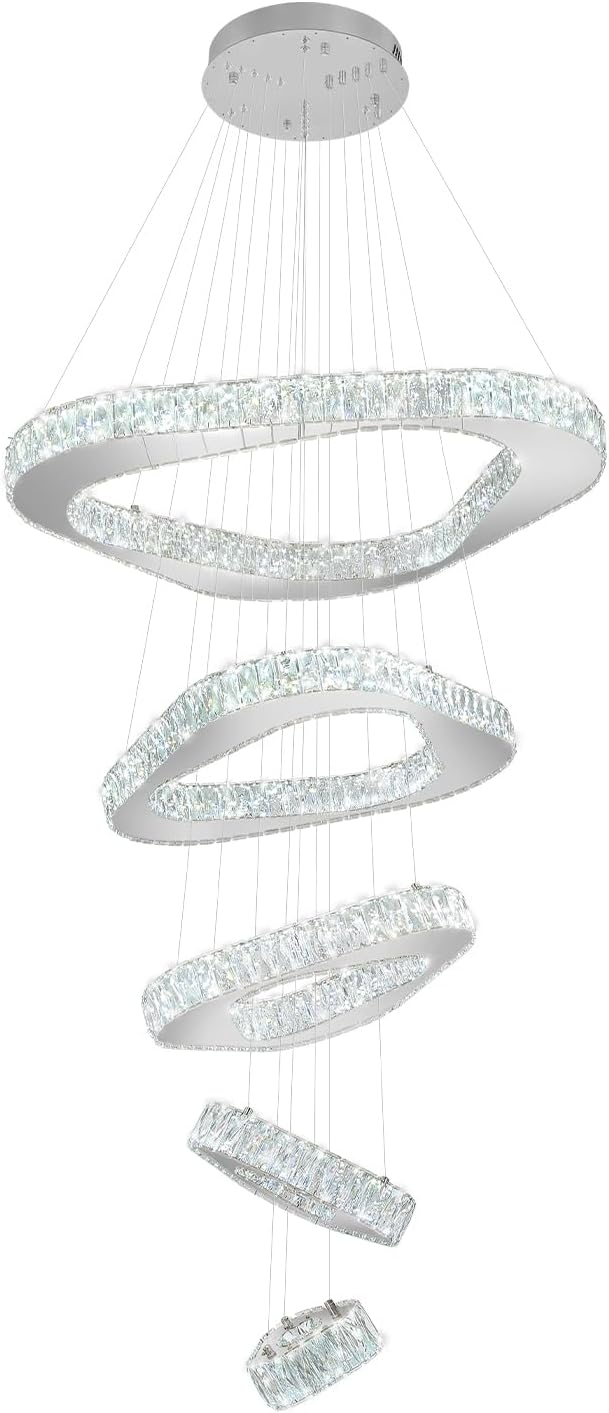 Large Modern Chandelier 5 Ring Chandeliers for High Ceiling Dimmable Chrom Chandeliers High Ceiling Foyer Chandelier for Living Room Dining Room Staircase