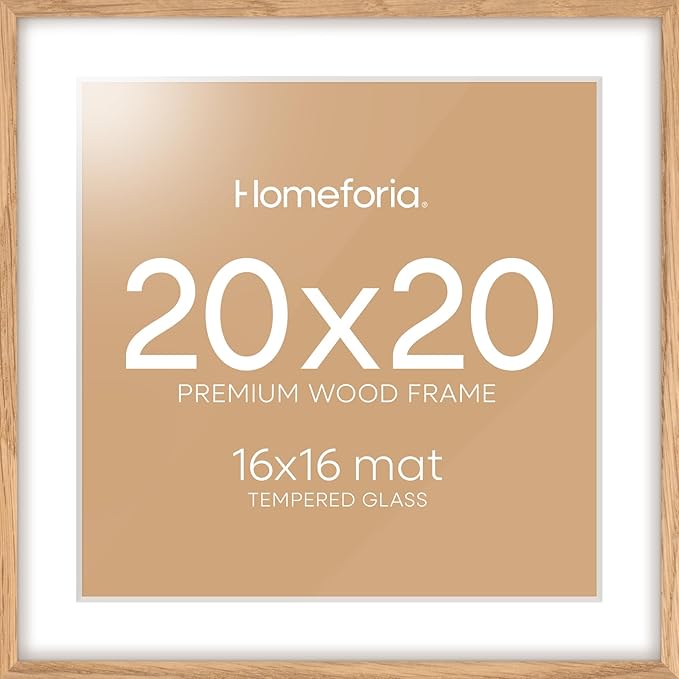 Homeforia 20x20 Wood Picture Frame, High End Natural Oak 20 x 20 Square Light Wooden Frames with Mat 16 by 16 inch Photo, 20by20 Poster Frames Matted to 16x16 Print, Tempered Glass, Wall Kit, Set of 1