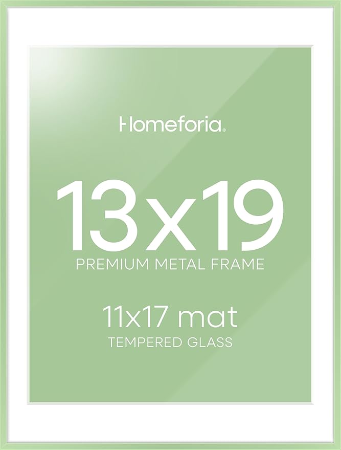 Homeforia 13x19 Picture Frame Sage Green, High End Metal 13x19 Poster Frames with Mat 11x17 inch Photo, 13 x 19 Sage Green Frame Matted to 11 by 17 Art, 19x13 Frame, Tempered Glass, Wall Kit, Set of 1