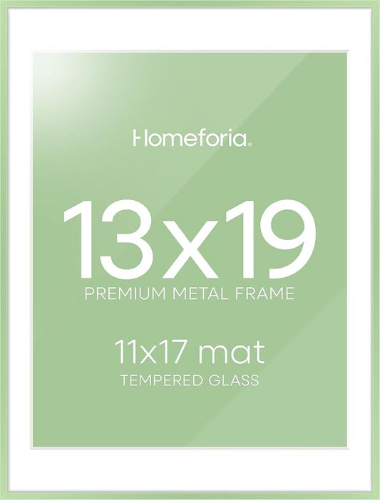 Homeforia 13x19 Picture Frame Sage Green, High End Metal 13x19 Poster Frames with Mat 11x17 inch Photo, 13 x 19 Sage Green Frame Matted to 11 by 17 Art, 19x13 Frame, Tempered Glass, Wall Kit, Set of 1