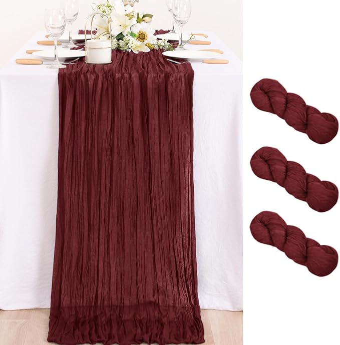 MLMC 3 Pack Burgundy Red Table Runner 10ft Rustic Gauze Wine Red Cheese Cloth Table Runner 35x120 Inches Cheesecloth Centerpiece for Wedding Bridal Shower Anniversary Events Fall Halloween Decor