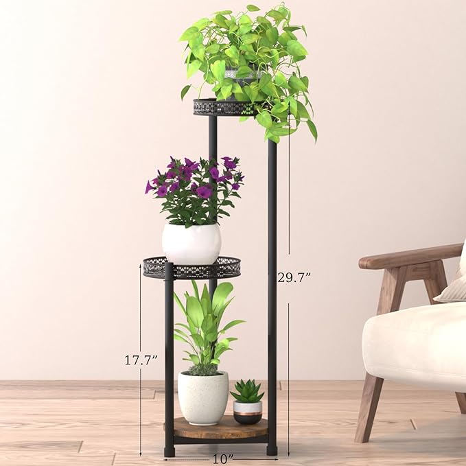 Plant Stand Indoor Outdoor,3 Tier Metal Wood Plant Stand for Multiple Plants,Black Tall Narrow Plants Display Organizer for Corner Living Room Porch Patio Garden Office