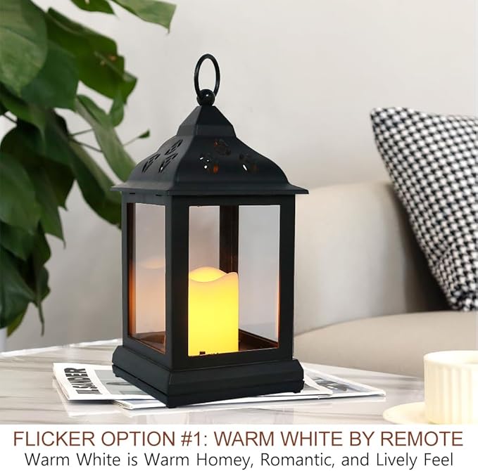 Bright Zeal 2-Pack 9.5" Vintage Decorative Candle Lantern with LED Flickering Flameless Candle (Black, 6-Key Remote) - Indoor Hanging Lanterns Decorative Lanterns Battery Powered LED Candle & Remote