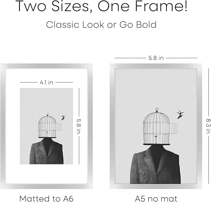 Homeforia A5 Picture Frame Silver, High End Metal 5.8 x 8.3 Frame Matted to 4.1 x 5.8 Art, A5 Frame with Mat A6, 5.8x8.3 Poster Frames, 8.3x5.8 Size Display Frames, Tempered Glass, Wall Kit, Set of 2