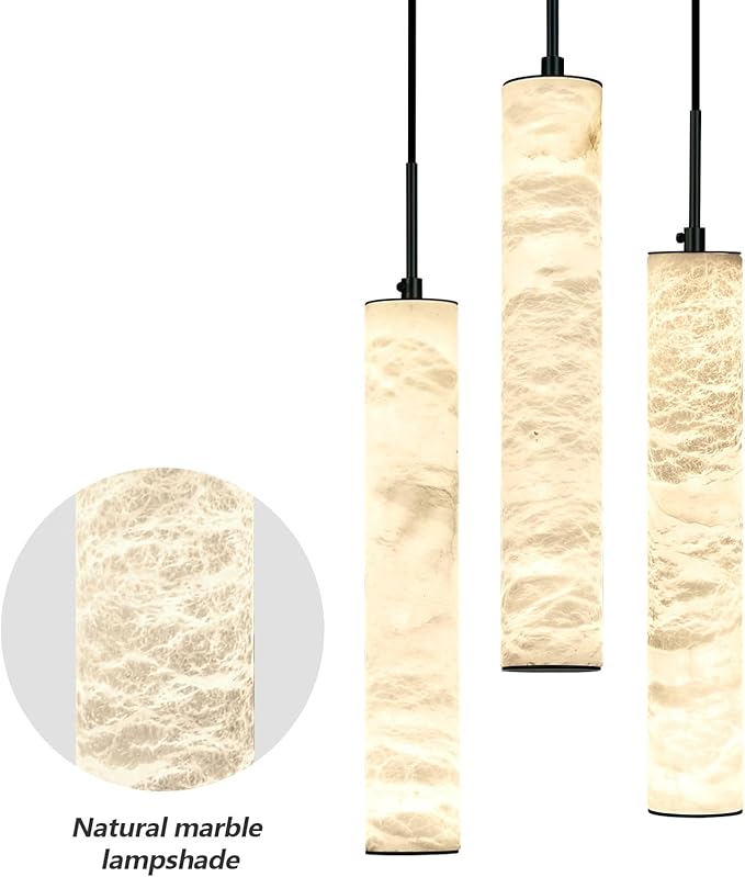 LMQNINE Natural Alabaster Pendant Lights for Kitchen Island White Marble Long Tube Chandelier Modern Black Ceiling Light Fixtures for Bedroom Dining Room Table Living Room Hallway(M-3Light)