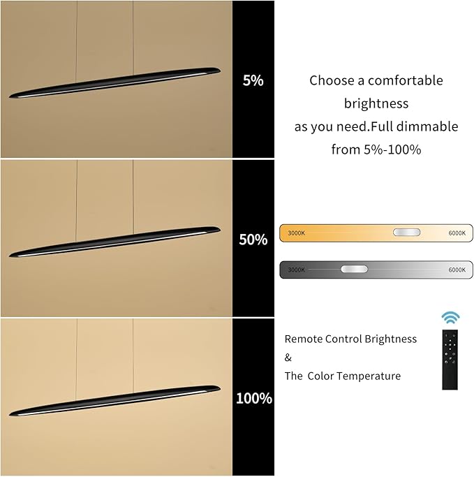 51" Wood Linear Pendant Light Black Linear Pendant Dinning Room Hanging Lights LED Dimmable Chandeliers 36w for Dining Room Pool Table Lights Kitchen Island Light Black