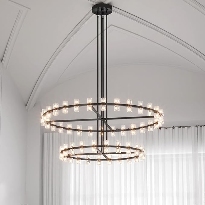 D48''+D60'' Large Black Wagon Wheel Chandeliers Black Round Chandelier Glass Chandeliers for Dining Room,Living Room Vintage Chandelier