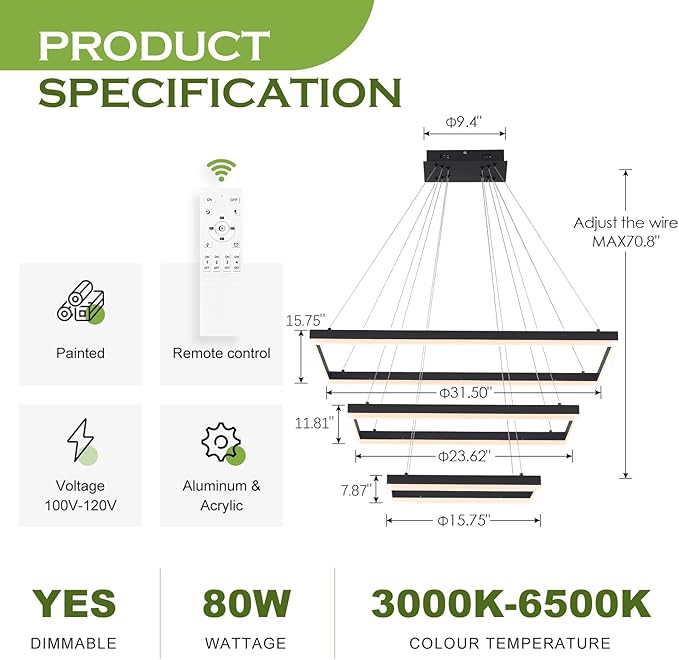 3 Rings Modern LED Chandelier Black 31.5inch Rectangle Dimmable LED Pendant Light with Remote Control 3 Tier Flush Mount High Ceiling Light for Dining Living Room Foyer(3000K-6500K, H71)