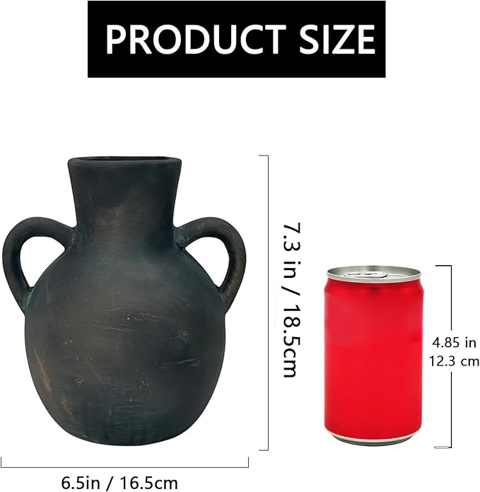 Ceramic Flower Vase,7.3 inch Tall Farmhouse Rustic Vase, Handcrafted Weathered Pottery Vases, Small Flower Terracotta Vases for Home Decor, Living Room Farmhouse Table Shelf Entrance(Black)