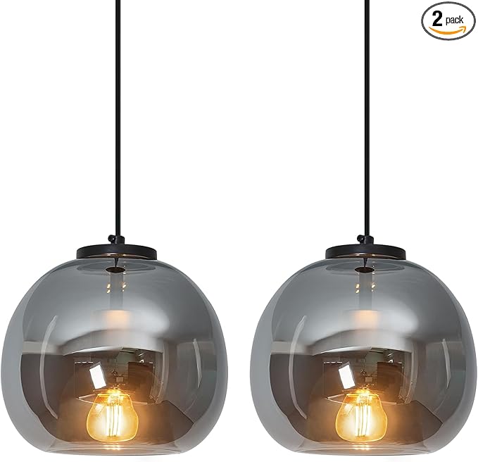 Mirror Smoke Gray Glass Pendant Lights Kitchen Island 2 Pack 7.87" Glass Globe Pendant Light Black Hanging Light Fixture Modern Pendant Lighting for Kitchen Island Bedroom Dining Room
