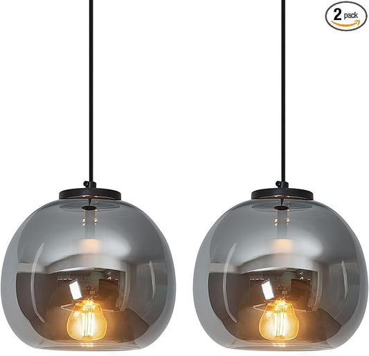 Mirror Smoke Gray Glass Pendant Lights Kitchen Island 2 Pack 7.87" Glass Globe Pendant Light Black Hanging Light Fixture Modern Pendant Lighting for Kitchen Island Bedroom Dining Room