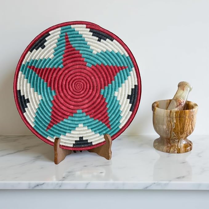Handwoven African Basket Handmade sisal Fruit Bowl Wall Hanging decorative Baskets for Home Living Room Kitchen Centerpiece Zen Designs Arts and Crafts (Turquoise Red White, 10in diameter)