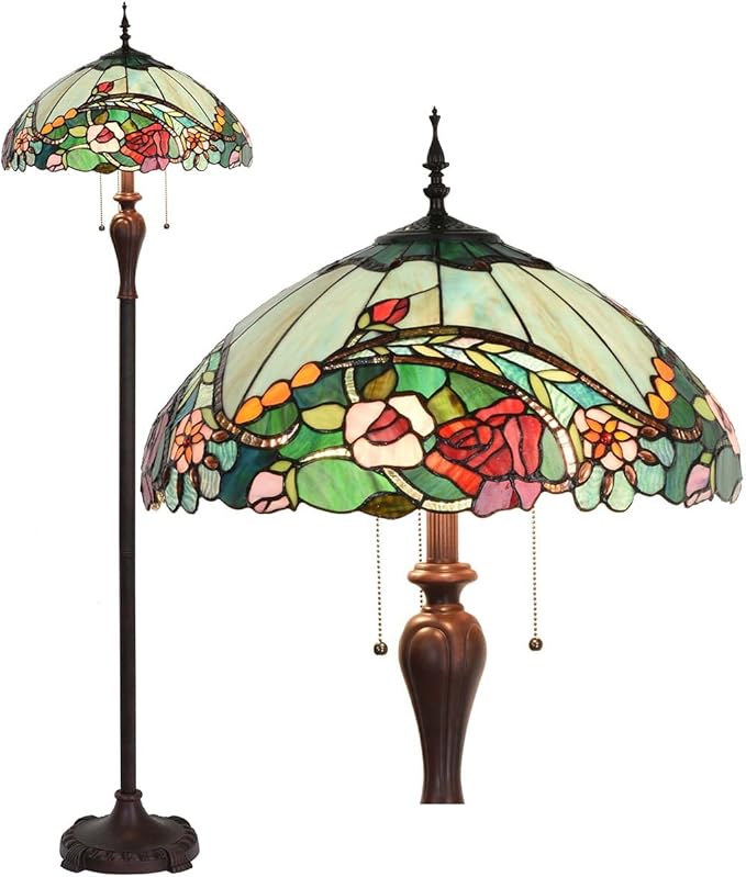 Bieye L10740 Rose Flower Tiffany Style Stained Glass Floor Lamp with 18-inch Wide Shade for Reading Working Bedroom, 3 Lights, 65 inch Tall