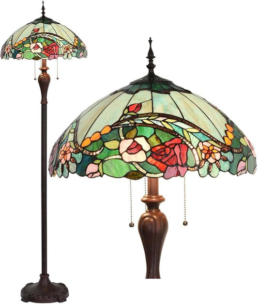 Bieye L10740 Rose Flower Tiffany Style Stained Glass Floor Lamp with 18-inch Wide Shade for Reading Working Bedroom, 3 Lights, 65 inch Tall