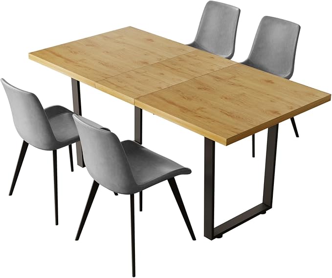 ZckyCine Modern Dining Table Set for 4-6 People Kitchen Dining Room Table Set Extendable Wood Dining Table and 4 Upholstered Chairs, Home Kitchen Furniture