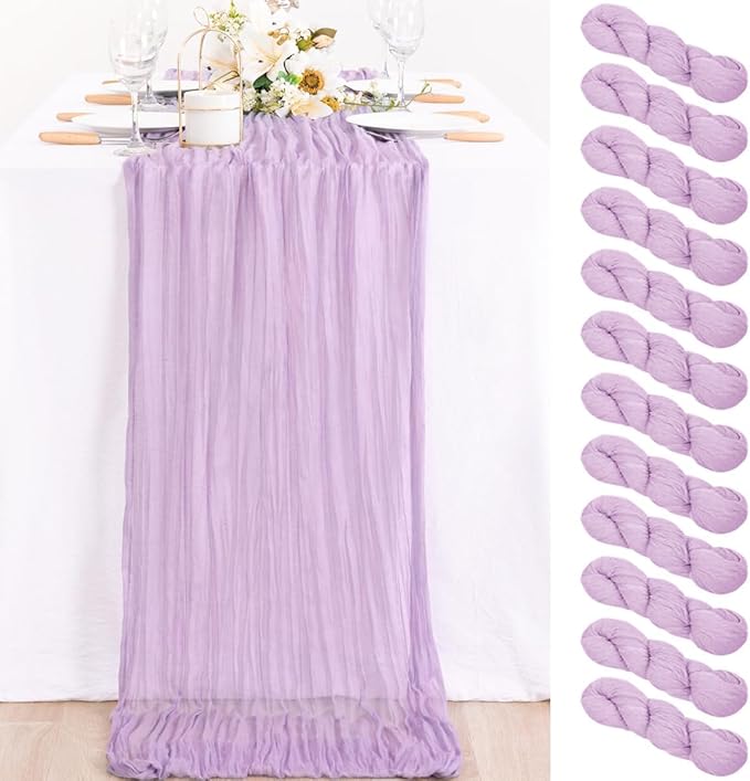 MLMC 12 Pack Lilac Purple Table Runner 10ft Rustic Gauze Lavender Cheese Cloth Table Runner 35x120 Inches for Fall Romantic Wedding Bridal Shower Baby Shower Birthday Decor