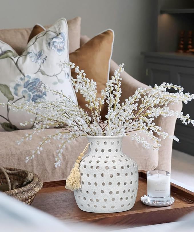 Ceramic Flower Vase Home Decor - 10 Inch Rustic Hollow White Pottery Vase Modern Farmhouse Vintage for Centerpieces House Living Room Dining Table Shelf Mantel Decoration