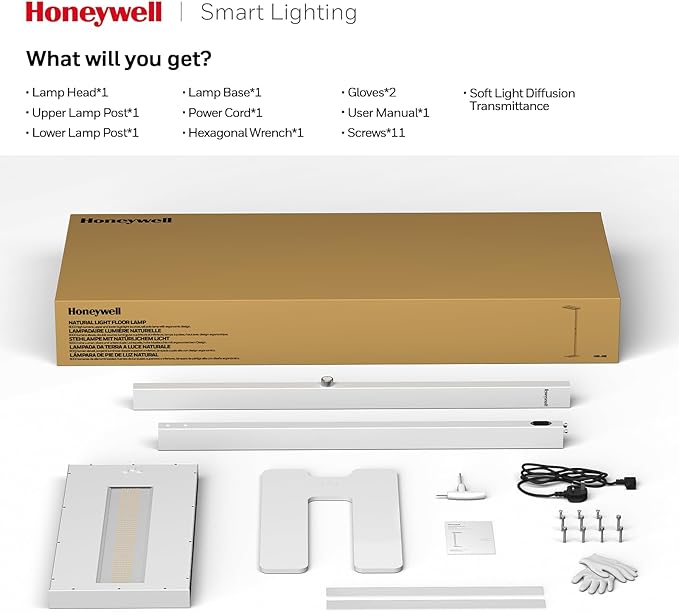 Honeywell 6000LM LED Floor Lamp, 02E Sunturalux Eye-Caring Reading Standing Light, 60W Modern Natural Daylight 4000K Dimmable 77" Tall Floor Lamps for Living Room for Kids Study Home Office White