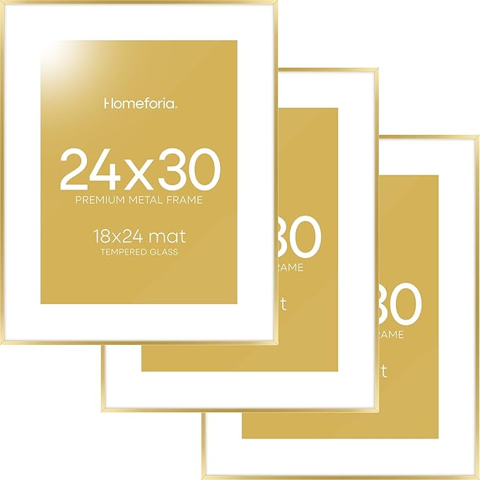 Homeforia 24x30 Picture Frame Gold, High End Metal 24 x 30 Poster Frames with 18 by 24 Mat Opening, 24x30 Gold Photo Frame Matted to 18x24 Print, 30x24 Large Frames, Tempered Glass, Wall Kit, Set of 3