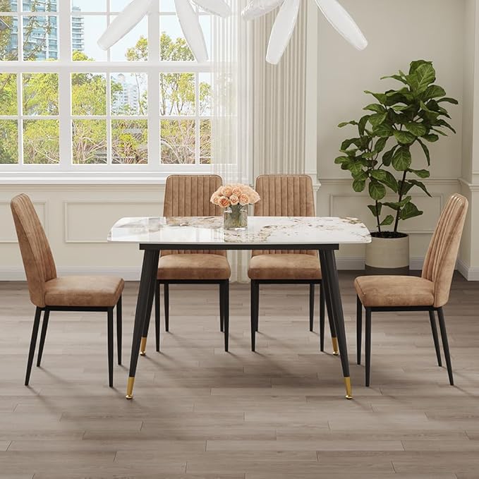 5 Pieces Modern Sintered Stone Dining Table Set 50" Rectangular Faux Marble Tabletop Kitchen Table with 4 PU Leather Chair Dinner Table Set(1Faux Marble Table+4Brown Chairs)