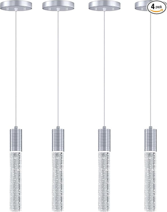 4 Pcaks Pendant Lights for Kitchen Island, White Light, Silver Chrome Crystal Linear Pendant Lighting, Bar Corner LED Light Fixture